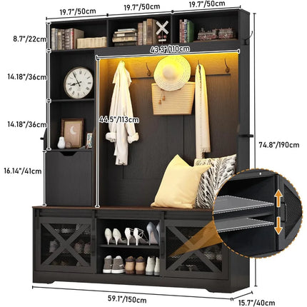 FurnitureZ l  75" Tall LED-Illuminated Farmhouse Hall Tree for Entryway