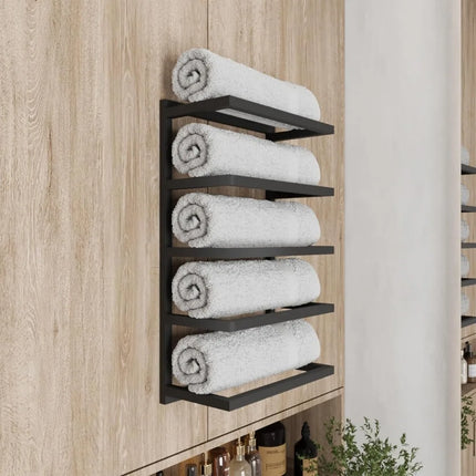 FurnitureZ l  Space-Saving Black Metal Wall-Mounted 5-6 Tier Towel Rack for Bathroom