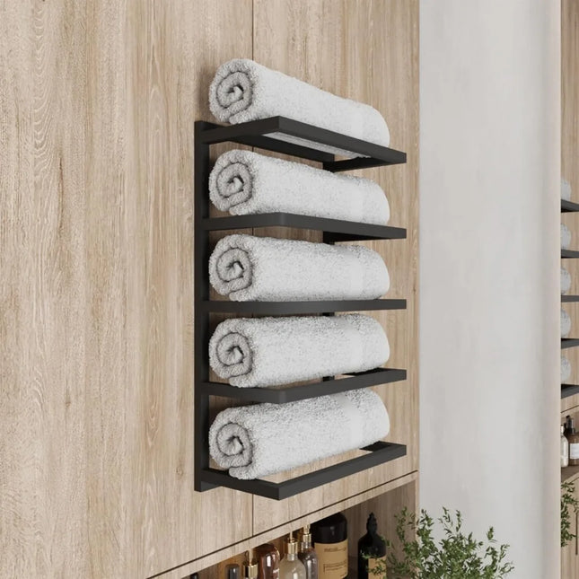 FurnitureZ l  Space-Saving Black Metal Wall-Mounted 5-6 Tier Towel Rack for Bathroom