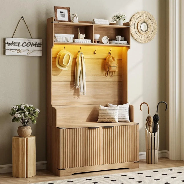 FurnitureZ l  67" Multi-Functional Entryway Storage Bench with Shoe Rack and Coat Hooks