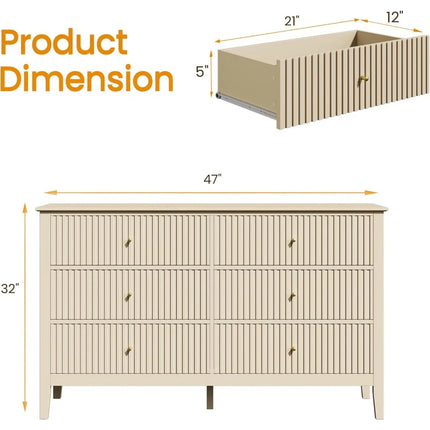 FurnitureZ l  Beige Modern Fluted 6-Drawer Dresser for Living Room, Bedroom