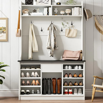 FurnitureZ l  Farmhouse-Style Hall Tree with Bench, Shoe Storage for Entryway