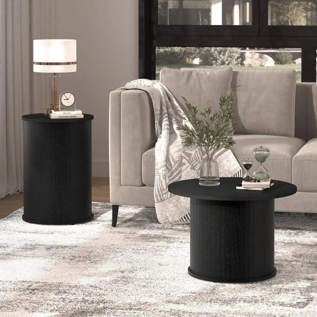 FurnitureZ l  Pair of Fluted Circle Black Wooden Nesting Coffee Tables for Living Room