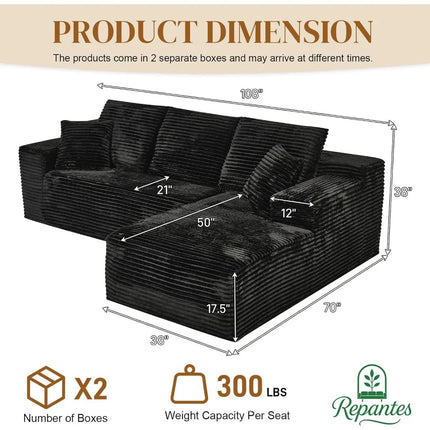 FurnitureZ l  108" L Shaped Boneless Sectional Sofa Couches for Living Room