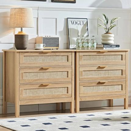 FurnitureZ l  Large Boho Style Rattan Nightstand Table Set for Living Room, Bedroom