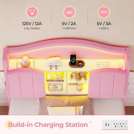 FurnitureZ l  Headboard Platform Twin Size Princess Bed Frame for Bedroom, Kids