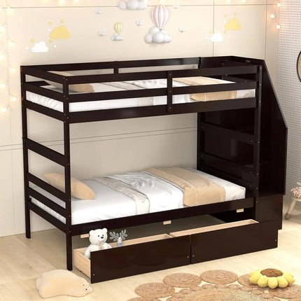 FurnitureZ l  Wood Twin Over Twin Bunk Bed for Bedroom, Kids