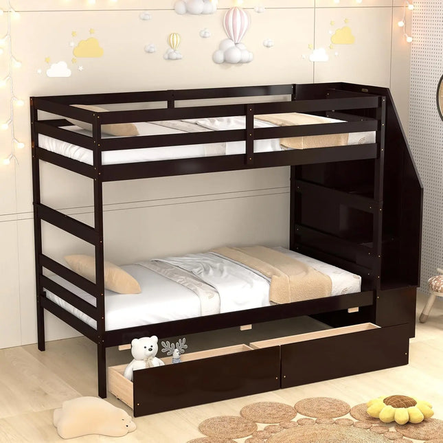 FurnitureZ l  Wood Twin Over Twin Bunk Bed for Bedroom, Kids