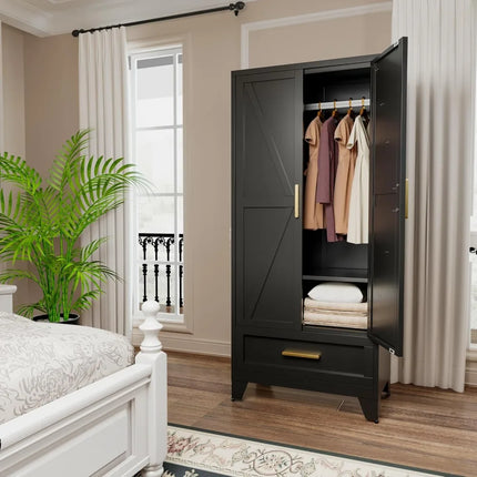 FurnitureZ l  71" Farmhouse Style Metal Wardrobe for Bedroom