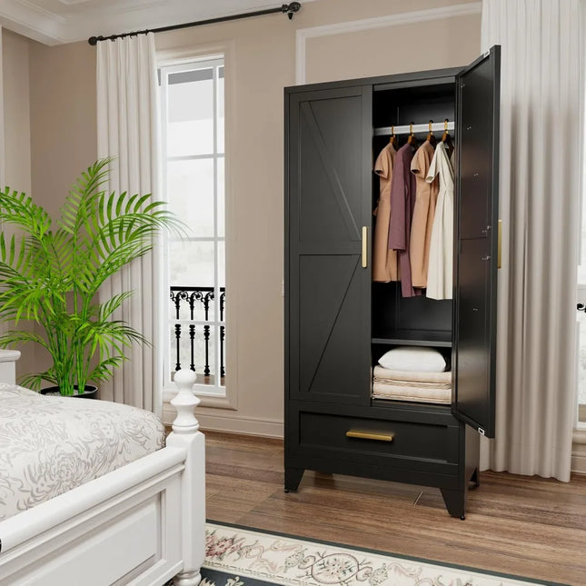FurnitureZ l  71" Farmhouse Style Metal Wardrobe for Bedroom