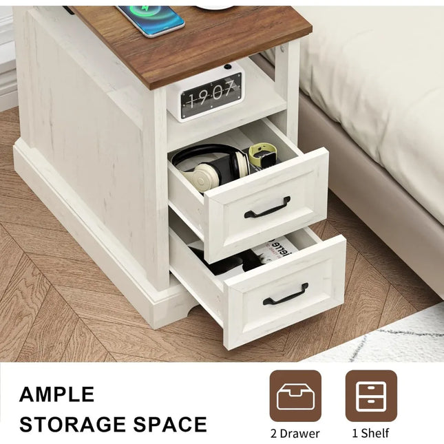 FurnitureZ l  Farmhouse End Table with Charging Station for Bedroom