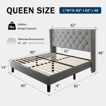 FurnitureZ l  Queen Size Upholstered Button Tufted Headboard Bed Frame for Bedroom