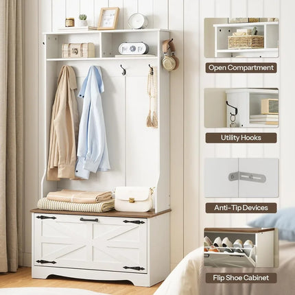 FurnitureZ l  Farmhouse-Style Entryway Bench with Coat Rack, Shoe Storage