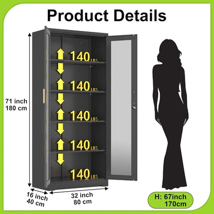 FurnitureZ l  71" Tall Metal and Glass Display Book Cabinet for Living Room, Dining Room, Home Office