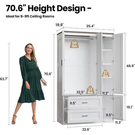 FurnitureZ l  70.6" Tall Freestanding 3-Door Armoire Closet for Bedroom