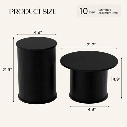 FurnitureZ l  Pair of Fluted Circle Black Wooden Nesting Coffee Tables for Living Room
