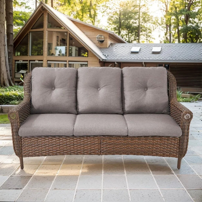 FurnitureZ l  Brown 3-Seat Wicker Rattan Sofa for Outdoor