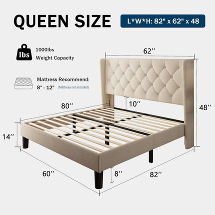 FurnitureZ l  Queen-Sized Platform Bed Frame for Bedroom