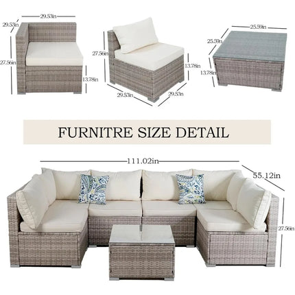 FurnitureZ l  7 Piece Outdoor Patio Sectional Sofa Set with able Cushions & Tempered Glass Table