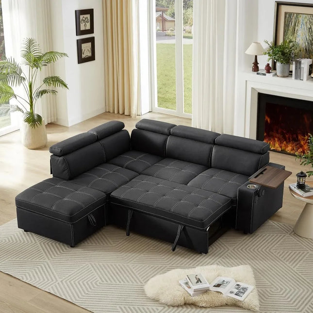 FurnitureZ l  90" Ultra-fine Fiber Segmented Sleeper Sofa with Pull-Out Bed for Living Room