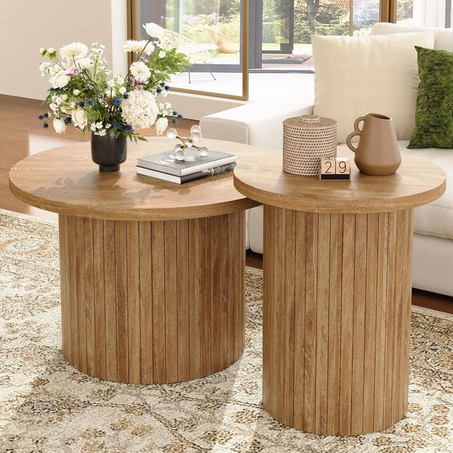 FurnitureZ l  Pair of Mid-Century Modern Round Wood Slat Coffee Tables for Living Room