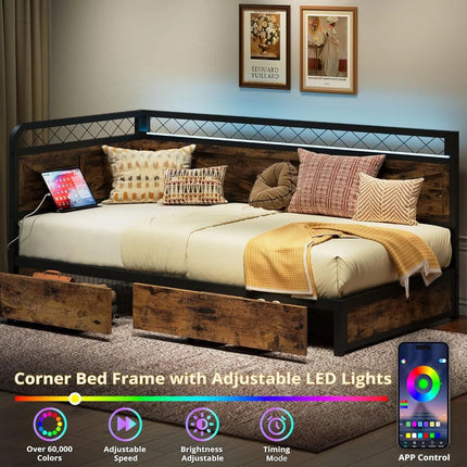 FurnitureZ l Twin Corner Bed Frame with LED Lights and Charging Station for Bedroom