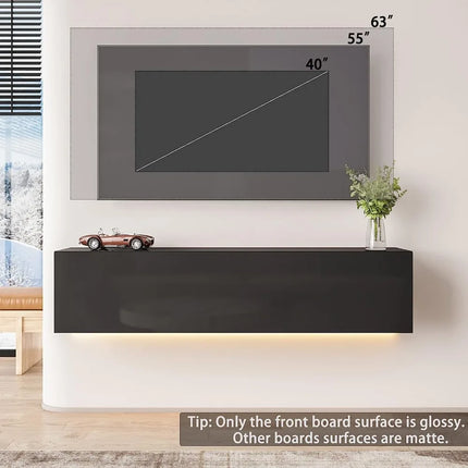 FurnitureZ l  Black High Gloss Floating TV Stand for Living Room, Bedroom