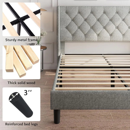 FurnitureZ l  Queen Size Upholstered Platform Bed Frame for Bedroom