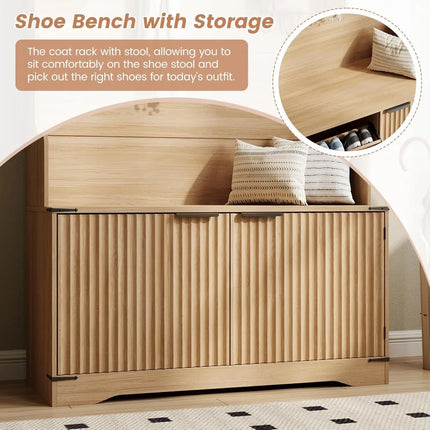 FurnitureZ l  67" Multi-Functional Entryway Storage Bench with Shoe Rack and Coat Hooks
