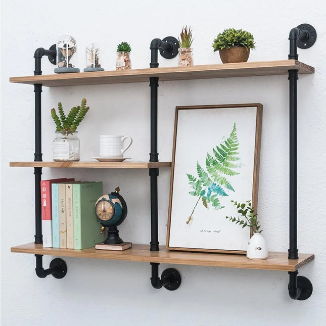 FurnitureZ l  Rustic 3-Tier Metal and Wood Wall-Mounted DIY Storage Shelf for Home Office