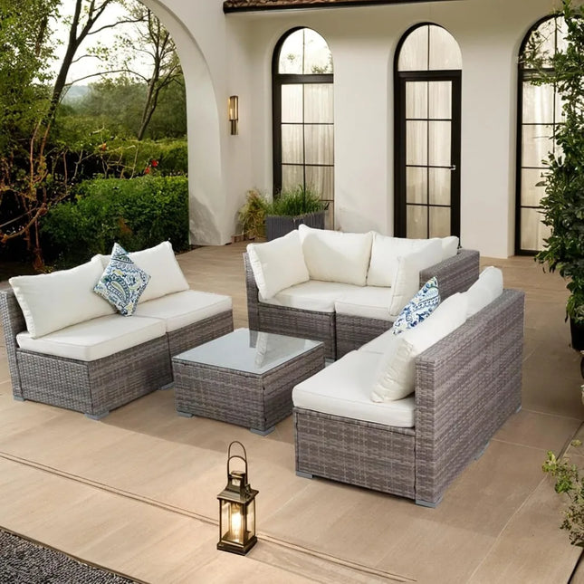 FurnitureZ l  7 Piece Outdoor Patio Sectional Sofa Set with able Cushions & Tempered Glass Table