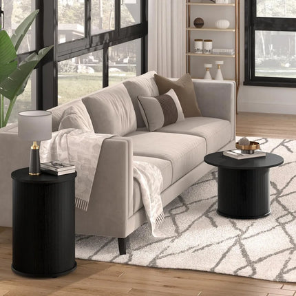 FurnitureZ l  Pair of Fluted Circle Black Wooden Nesting Coffee Tables for Living Room