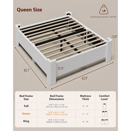 FurnitureZ l  Sturdy Queen-Sized Boucle Platform Bed Frame for Bedroom
