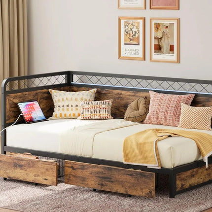 FurnitureZ l Twin Corner Bed Frame with LED Lights and Charging Station for Bedroom