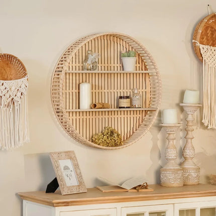 FurnitureZ l  Round Boho 3-Tier Rattan Wall Shelf for Bathroom