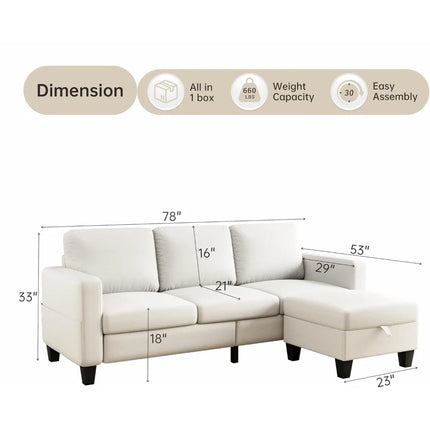 FurnitureZ l  Beige 78" L-Shaped 3-Seater Sectional Sofa for Living Room