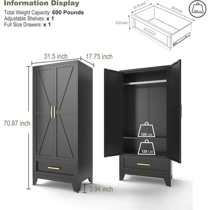 FurnitureZ l  71" Farmhouse Style Metal Wardrobe for Bedroom