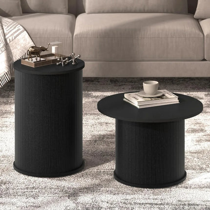 FurnitureZ l  Pair of Fluted Circle Black Wooden Nesting Coffee Tables for Living Room