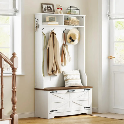 FurnitureZ l  Farmhouse-Style Entryway Bench with Coat Rack, Shoe Storage