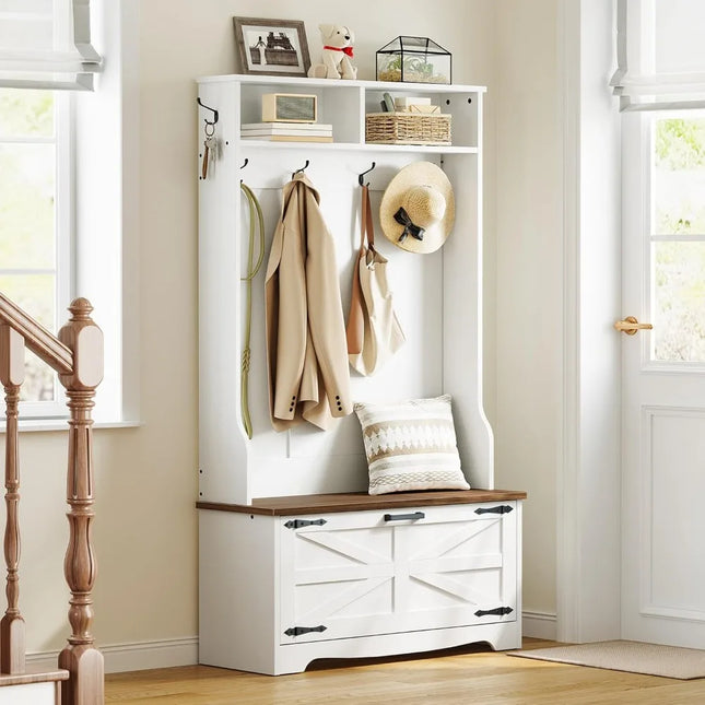 FurnitureZ l  Farmhouse-Style Entryway Bench with Coat Rack, Shoe Storage