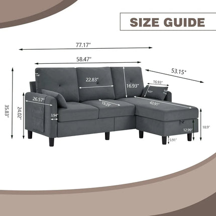 FurnitureZ l  77" Convertible Sectional Sofa for Living Room