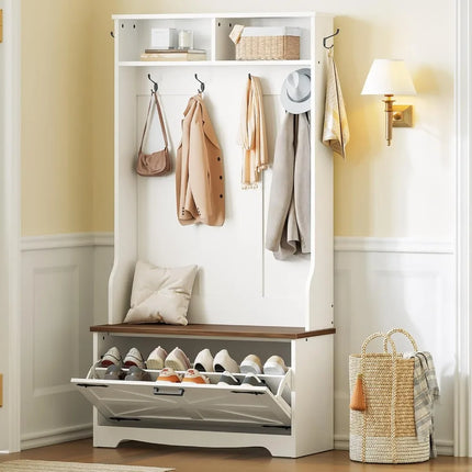 FurnitureZ l  Farmhouse-Style Entryway Bench with Coat Rack, Shoe Storage