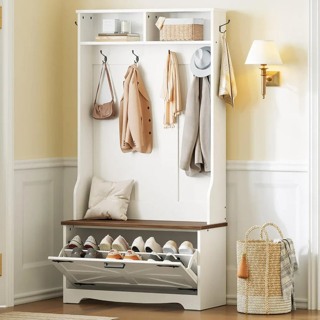 FurnitureZ l  Farmhouse-Style Entryway Bench with Coat Rack, Shoe Storage