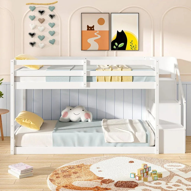 FurnitureZ l  Twin Over Twin Bunk Bed with Stairs for Bedroom, Kids