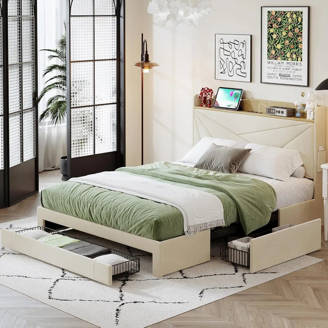 FurnitureZ l  Queen Size Upholstered Platform Bed Frame for Bedroom