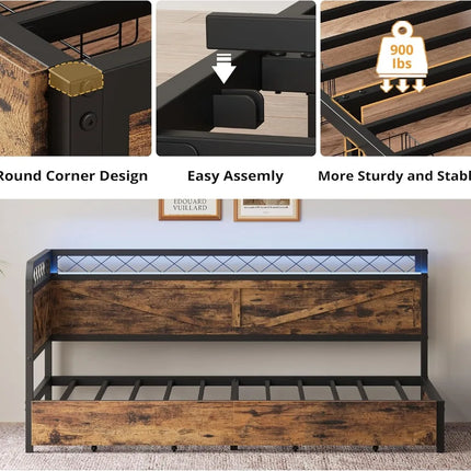 FurnitureZ l Twin Corner Bed Frame with LED Lights and Charging Station for Bedroom