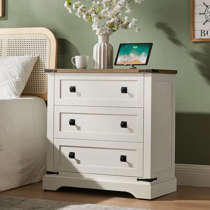 FurnitureZ l  Rustic 3-Drawer Farmhouse Nightstand Table for Living Room, Bedroom