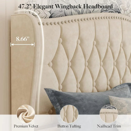 FurnitureZ l  Luxury Velvet Wingback Platform Bed Frame for Bedroom