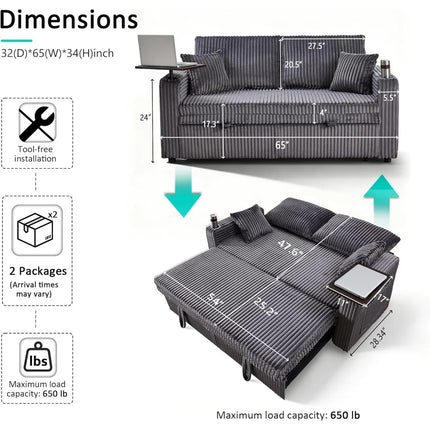 FurnitureZ l  65" Sleeper Sofa Bed, Convertible Pull Out Couch with Small Table for Bedroom