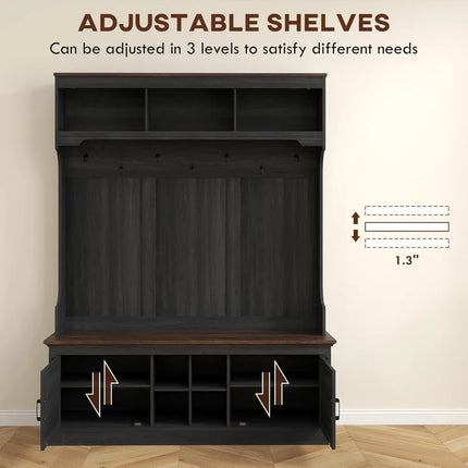 FurnitureZ l  Farmhouse Style 3-in-1 Entryway Storage Bench with Coat Rack and Shoe Rack